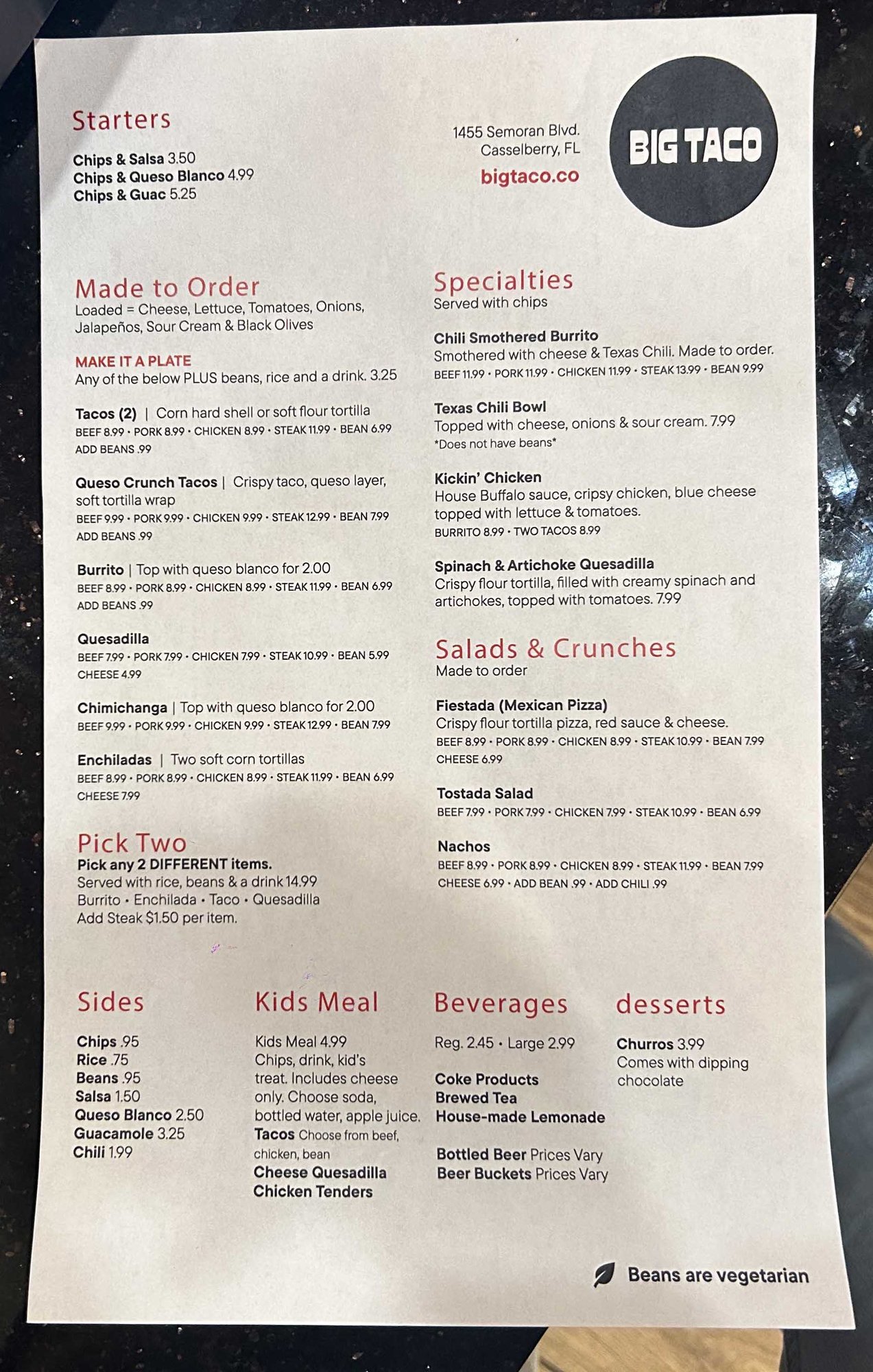 big taco white menu with black text
